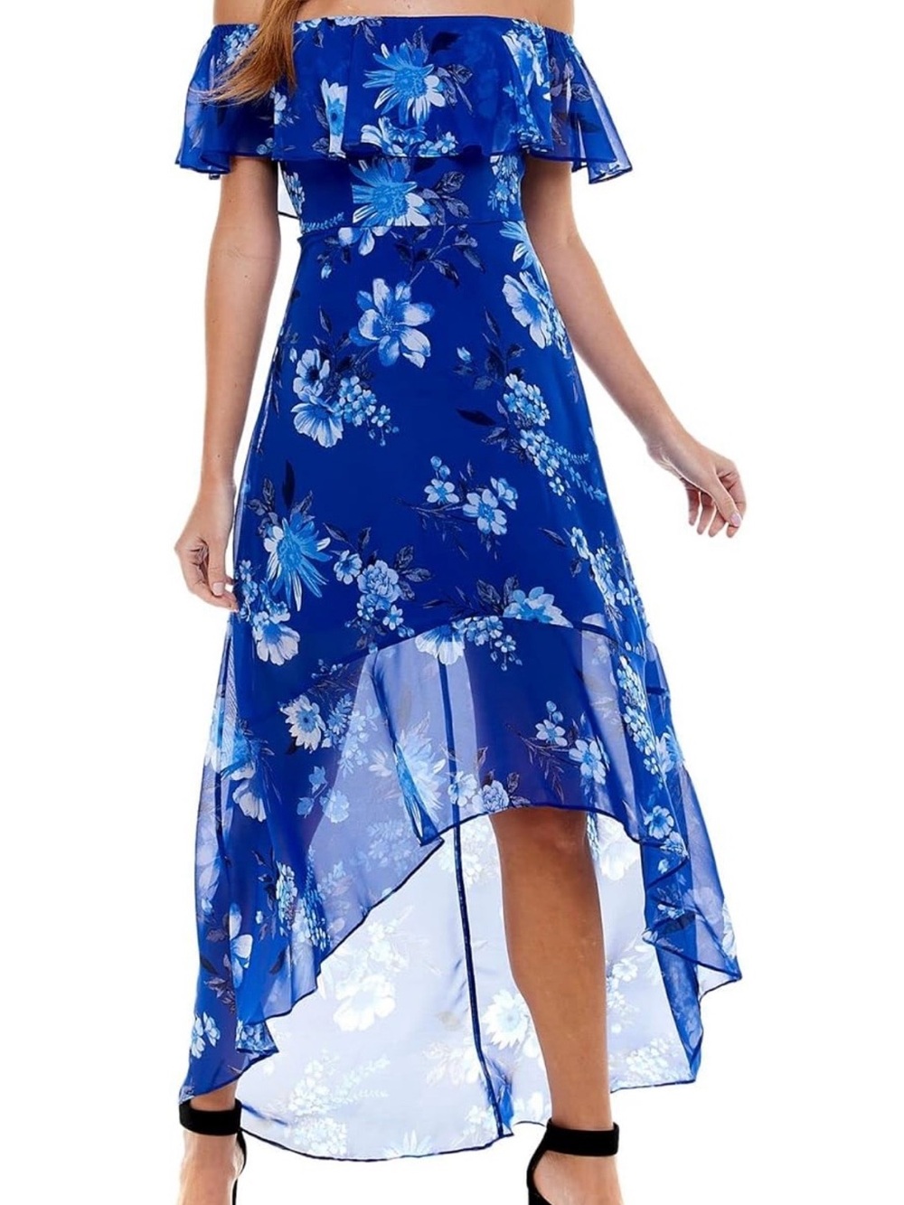 Crystal Doll Royal Blue Floral Off-Shoulder Hi-Low Dress